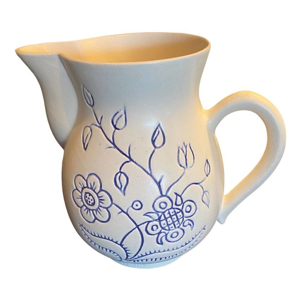 Vintage California USA D914 Pottery Blue Floral Pitcher